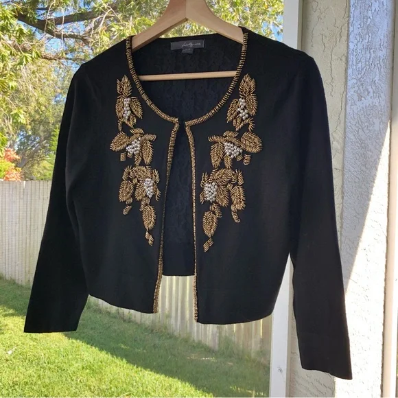 Twenty One Black Beaded Cardigan Sweater Women’s L Gold Beads Pearls Lace Lining - Picture 14 of 15